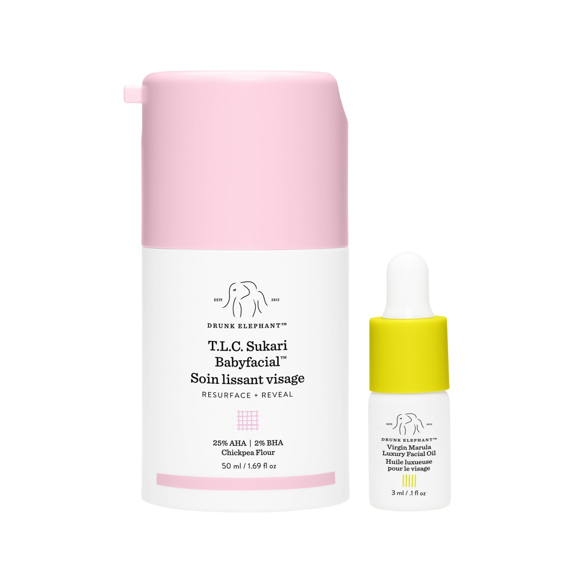 Drunk Elephant T.L.C. Sukari Babyfacial bottle closeup for smoother, brighter skin via exfoliation.
