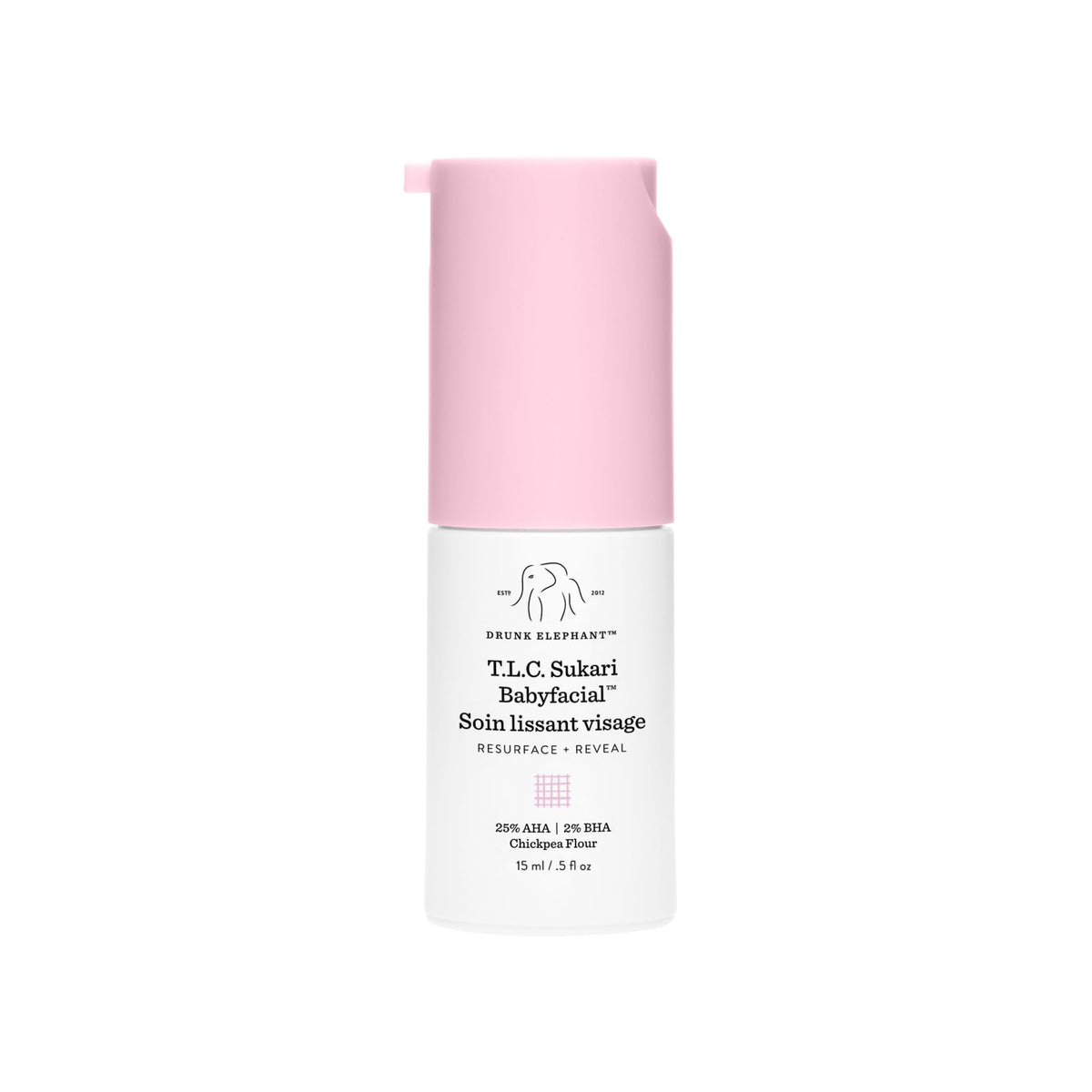 Drunk Elephant T.L.C. Sukari Babyfacial jar closeup illustrating high-potency exfoliation for smoother skin