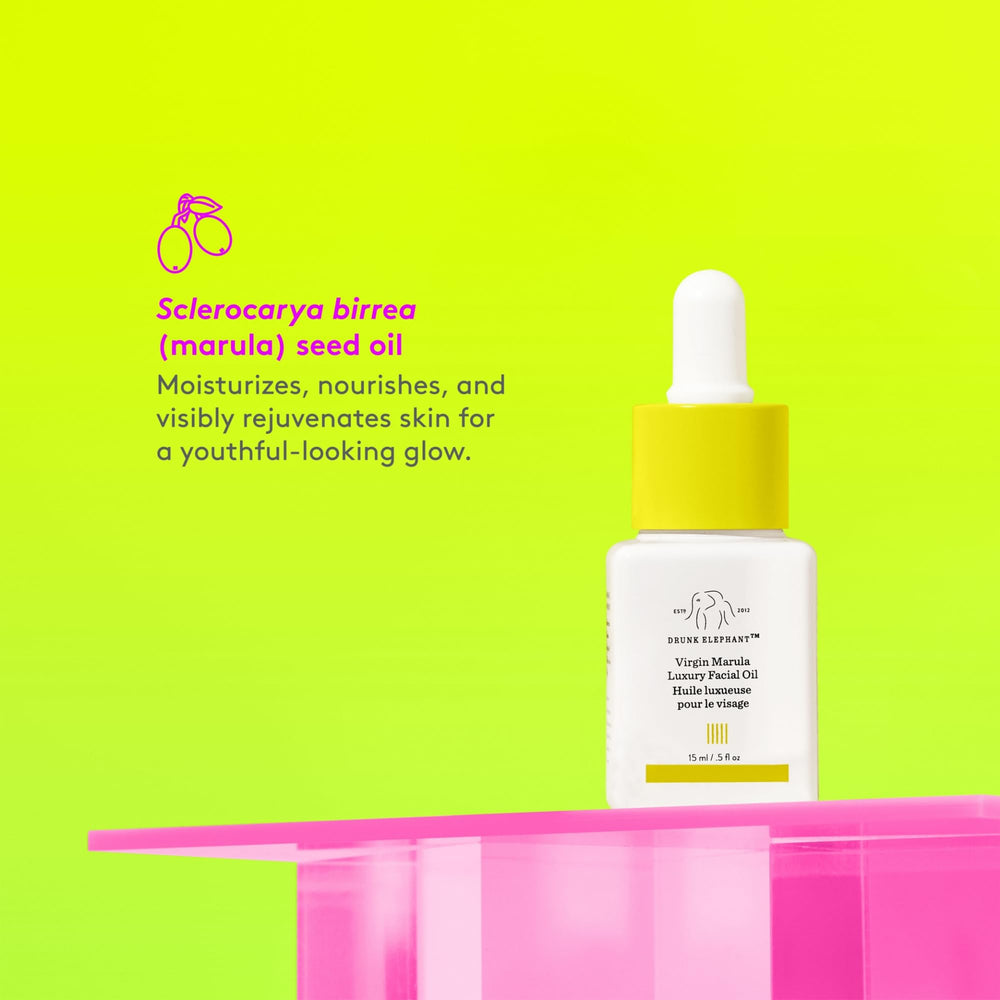 Drunk Elephant Virgin Marula Oil amber glass bottle signals premium nourishment.