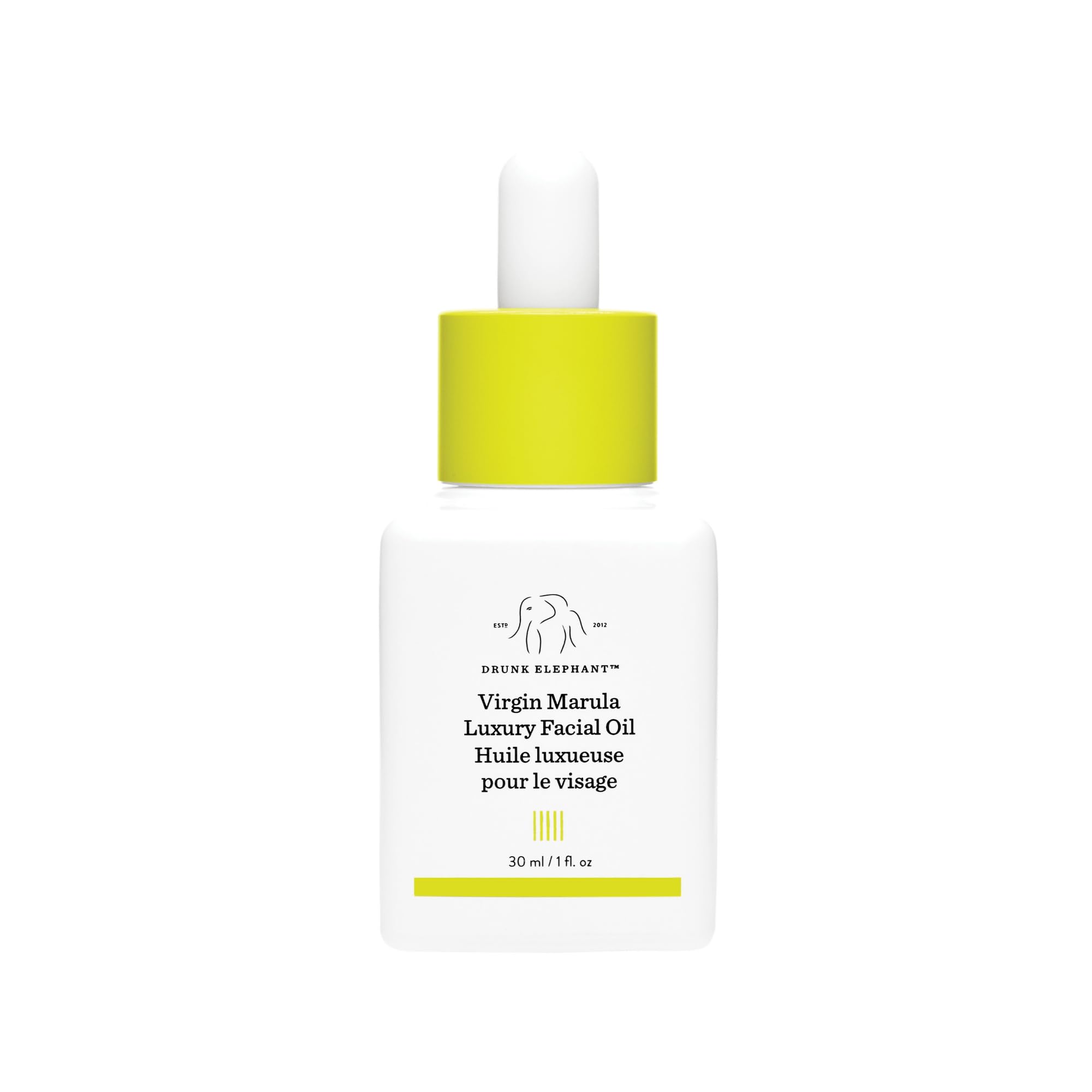 Drunk Elephant Virgin Marula Oil bottle with dropper demonstrates quick-absorb hydration.