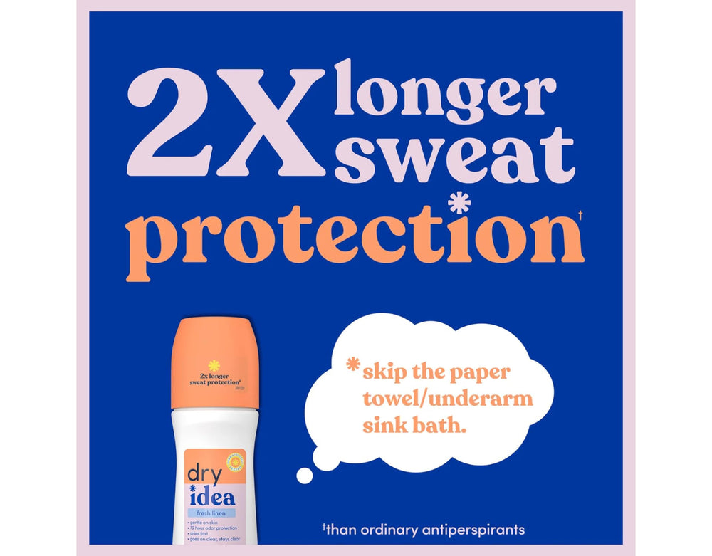 Dry Idea Fresh Linen dermatologist-tested badge highlights skin-friendly formula.