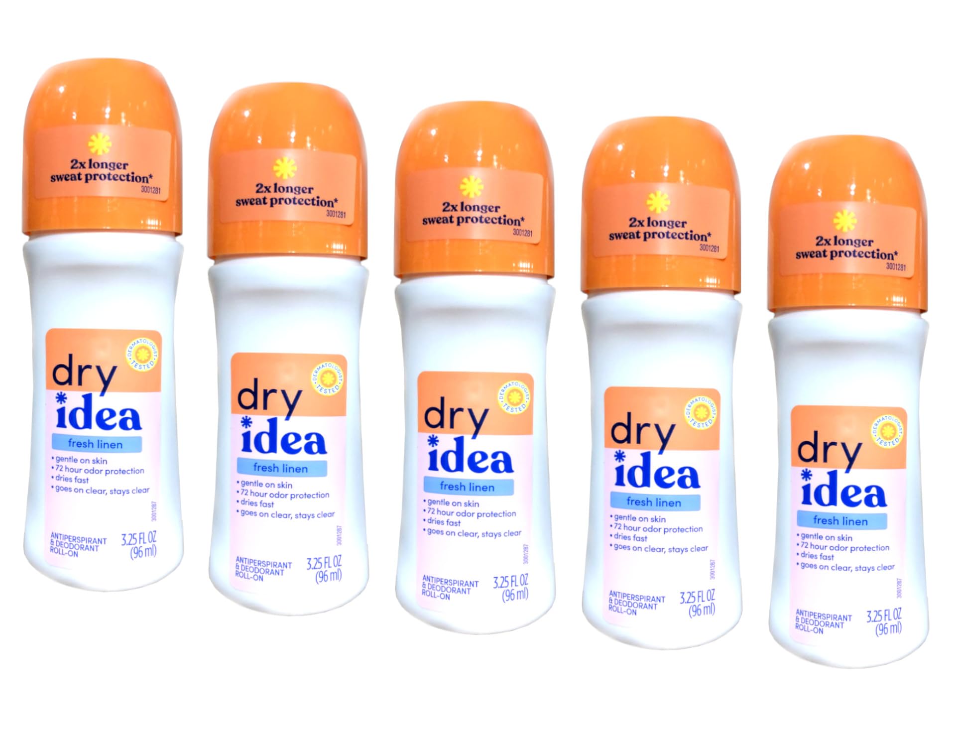 Dry Idea Fresh Linen roll-on bottle offers long-lasting freshness in a compact design.