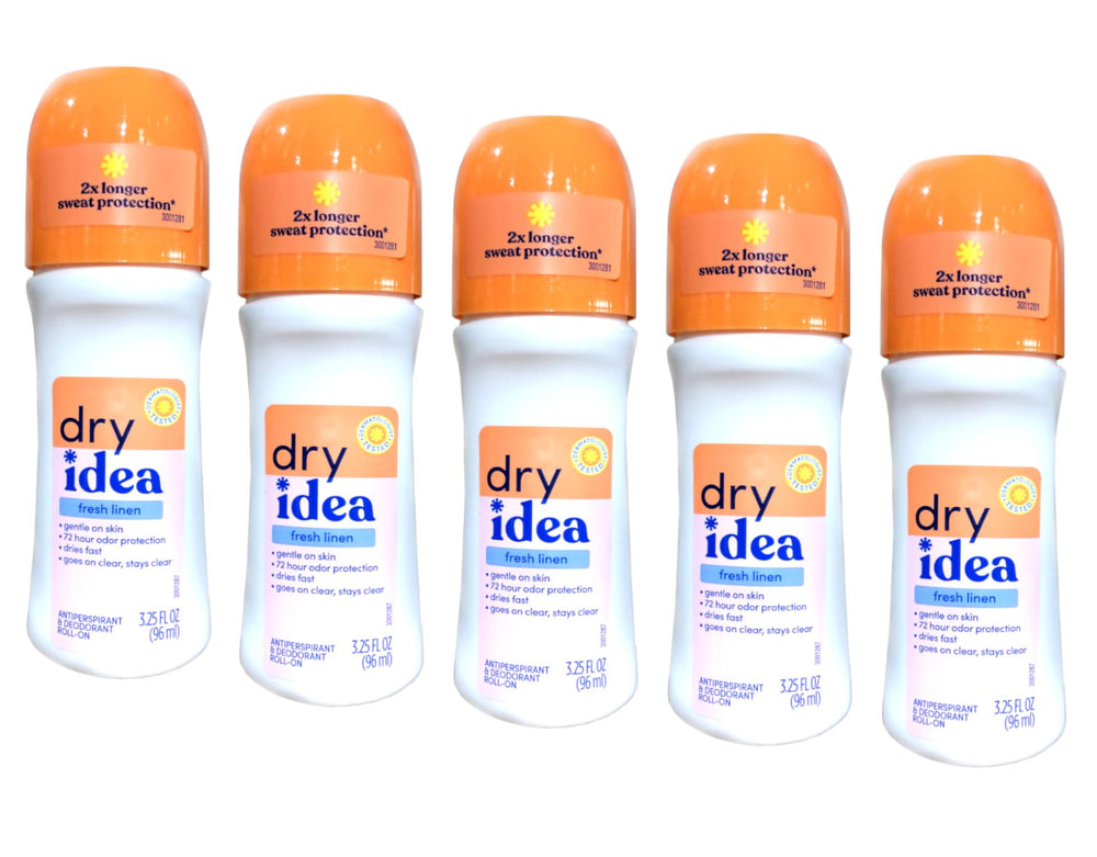 Dry Idea Fresh Linen roll-on bottle offers long-lasting freshness in a compact design.