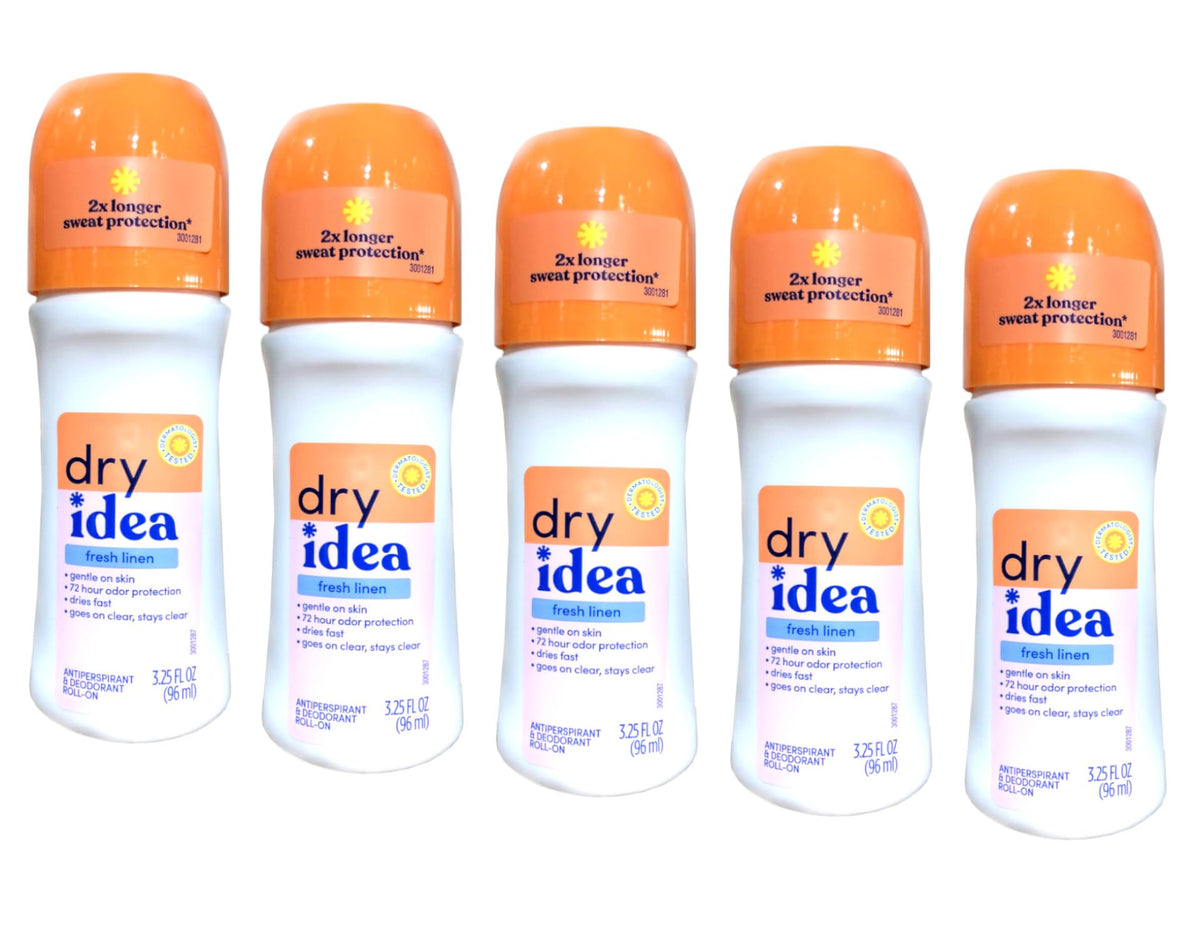 Dry Idea Fresh Linen roll-on bottle offers long-lasting freshness in a compact design.