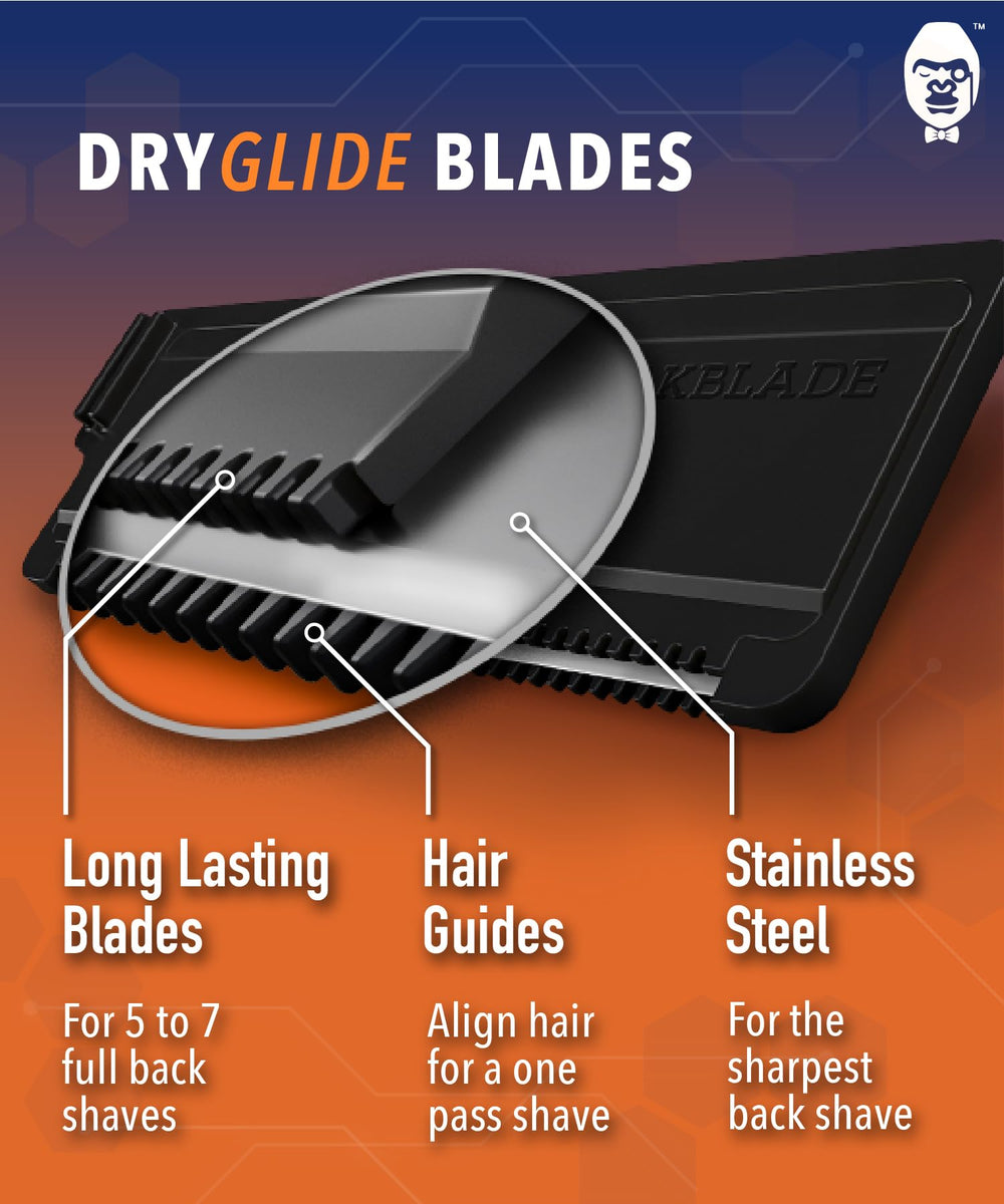 Dryglide technology close-up highlighting patent-approved safety blade for comfortable grooming.