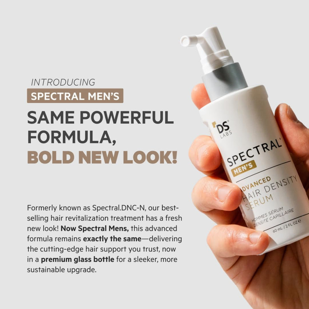 DS Laboratories Spectral Men's Density Serum label close-up emphasizes nanoxidil and caffeine.