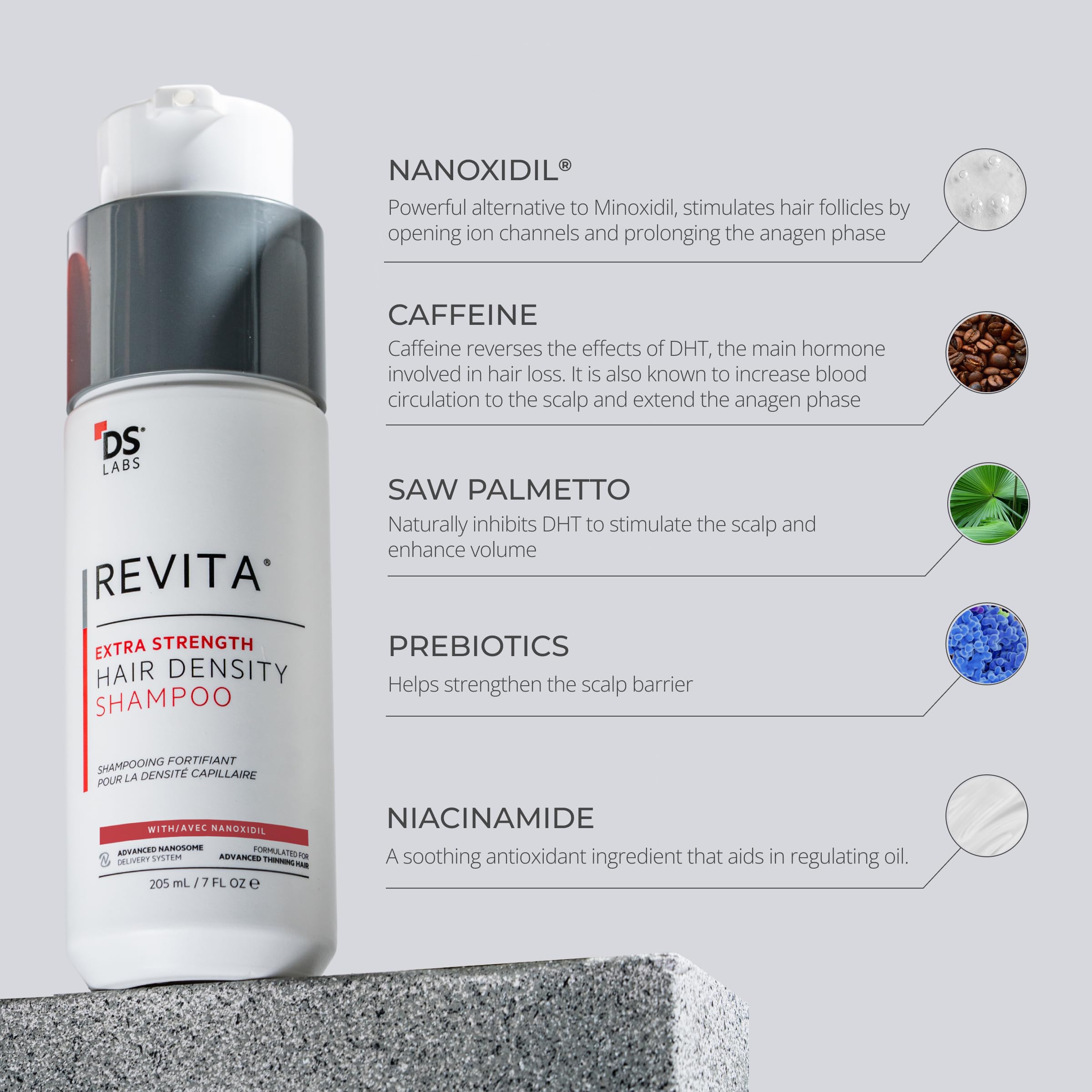 DS Laboratories Revita label close-up highlights sulfate-free, color-safe formula.