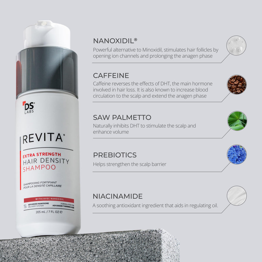 DS Laboratories Revita label close-up highlights sulfate-free, color-safe formula.
