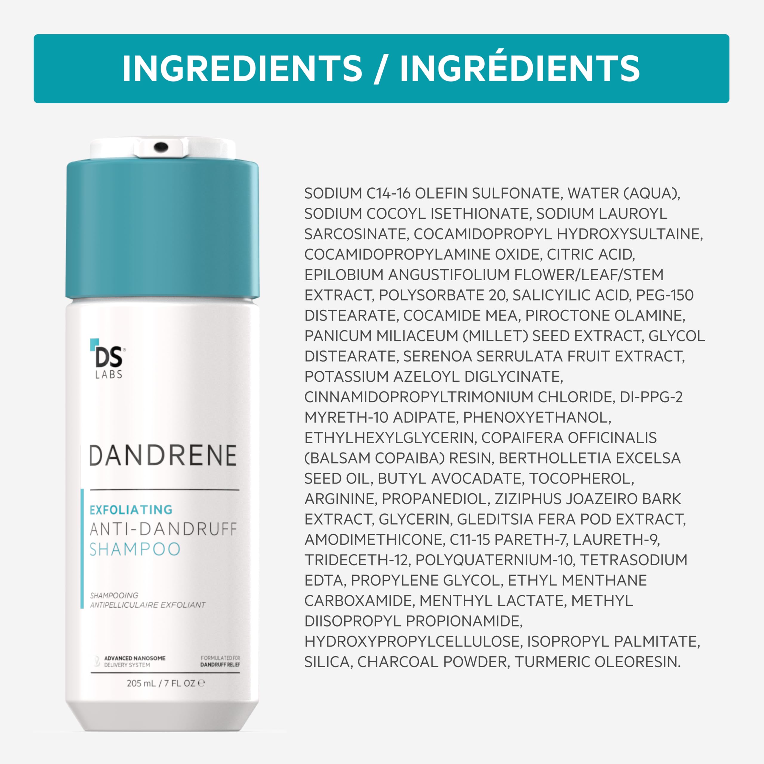 DS Labs Dandrene bottle shown in a bathroom for daily scalp care.