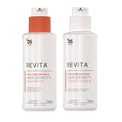 DS Labs Revita shampoo bottle pour showing lightweight cleansing for fuller-looking hair