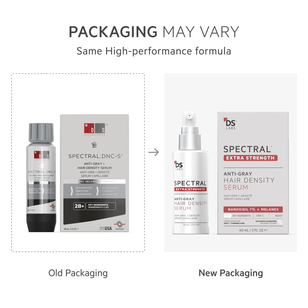 DS Labs Spectral Extra Strength Hair Density Serum dropper highlights precise, quick-absorbing scalp application.