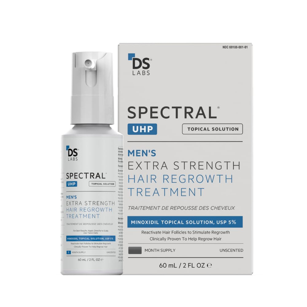 DS Labs Spectral.UHP bottle showing 5% minoxidil for crown thinning