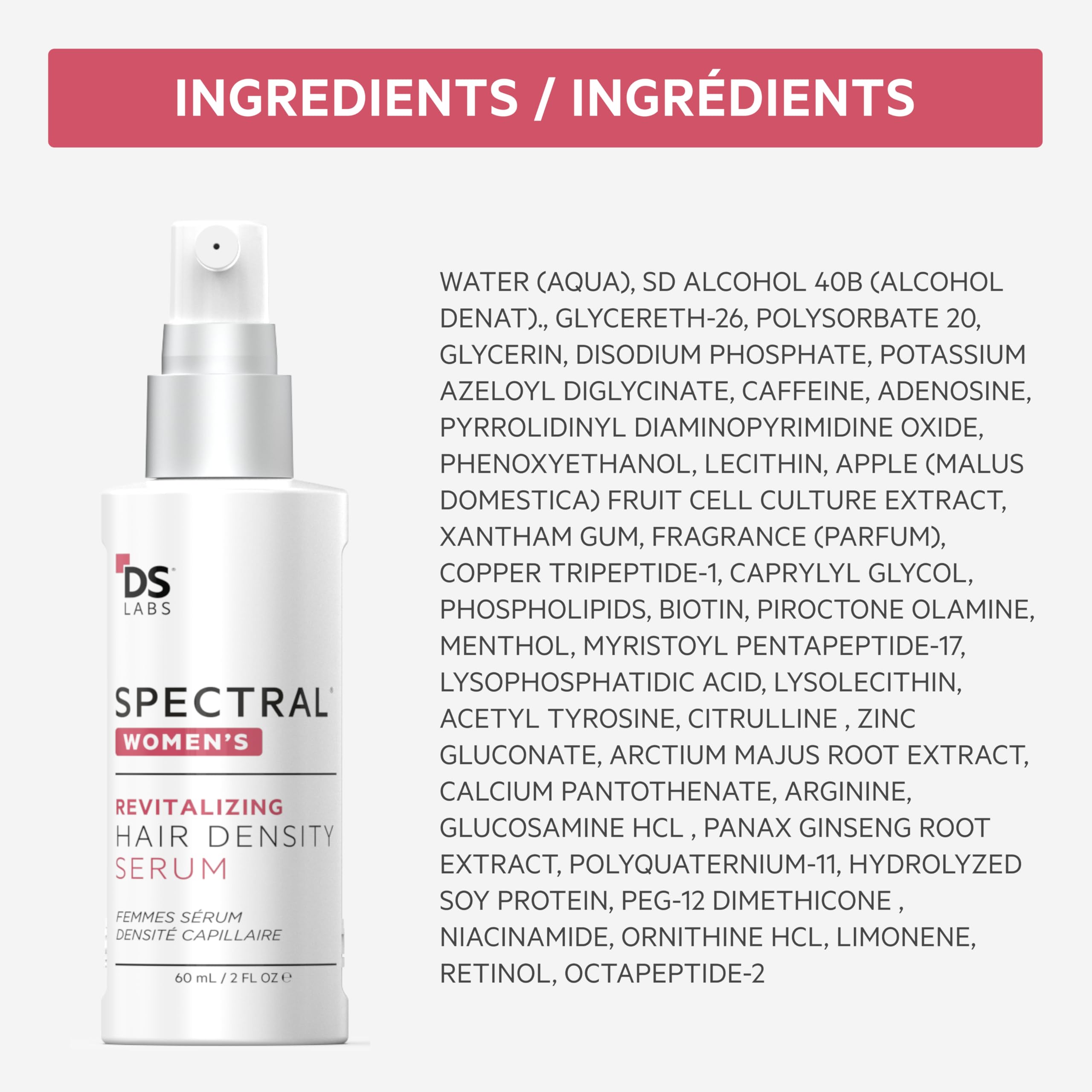 DS Laboratories Spectral Women’s Hair Density Serum packaging shot demonstrates dermatologist-tested branding