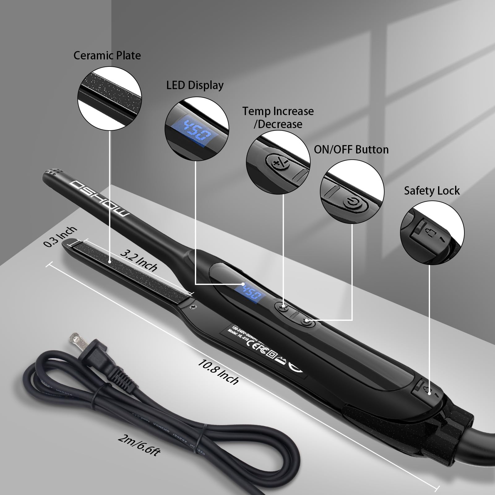 DSHOW digital temperature display on flat iron showing precise heat level.