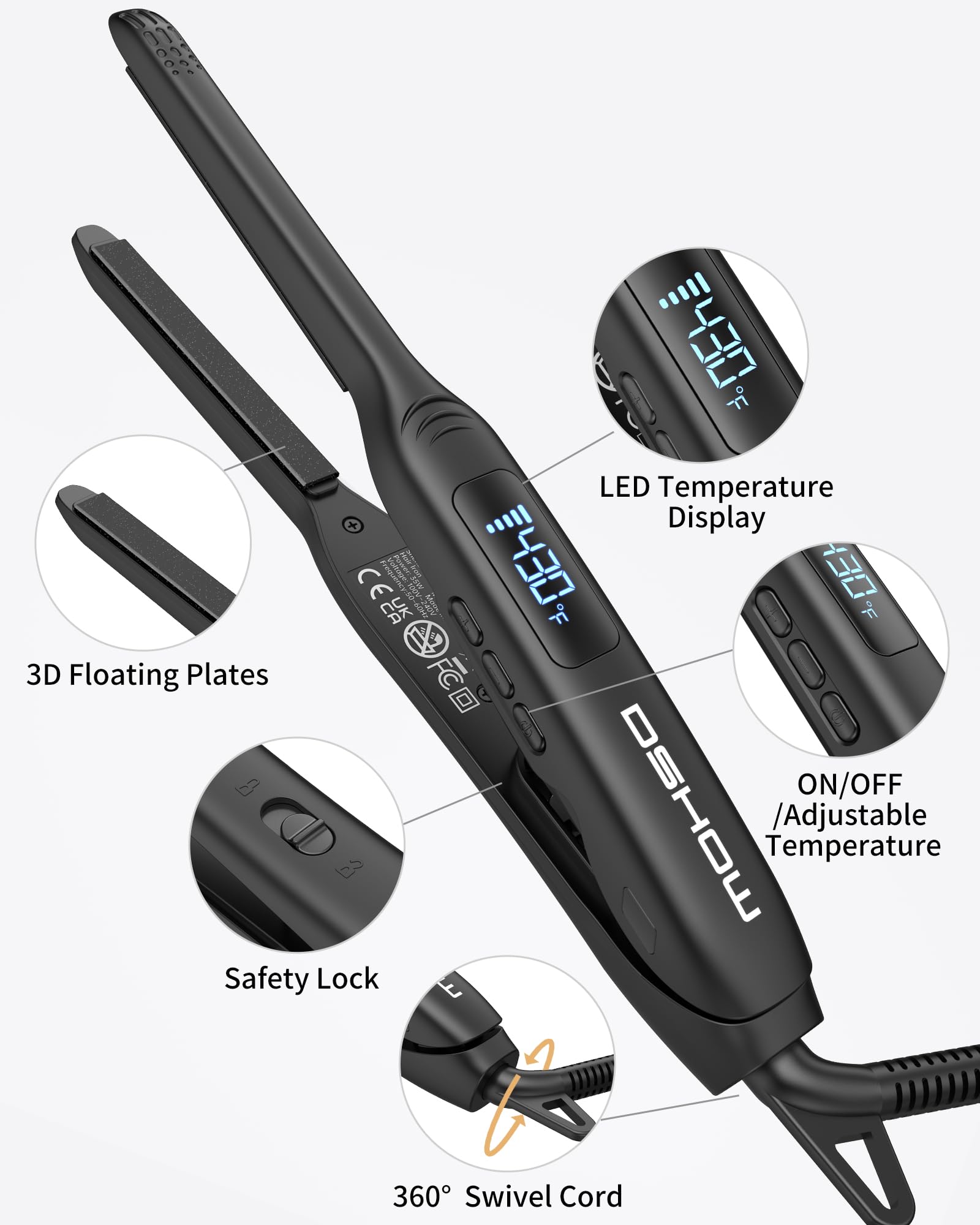 DSHOW small flat iron safety latch and curved design for safe storage.