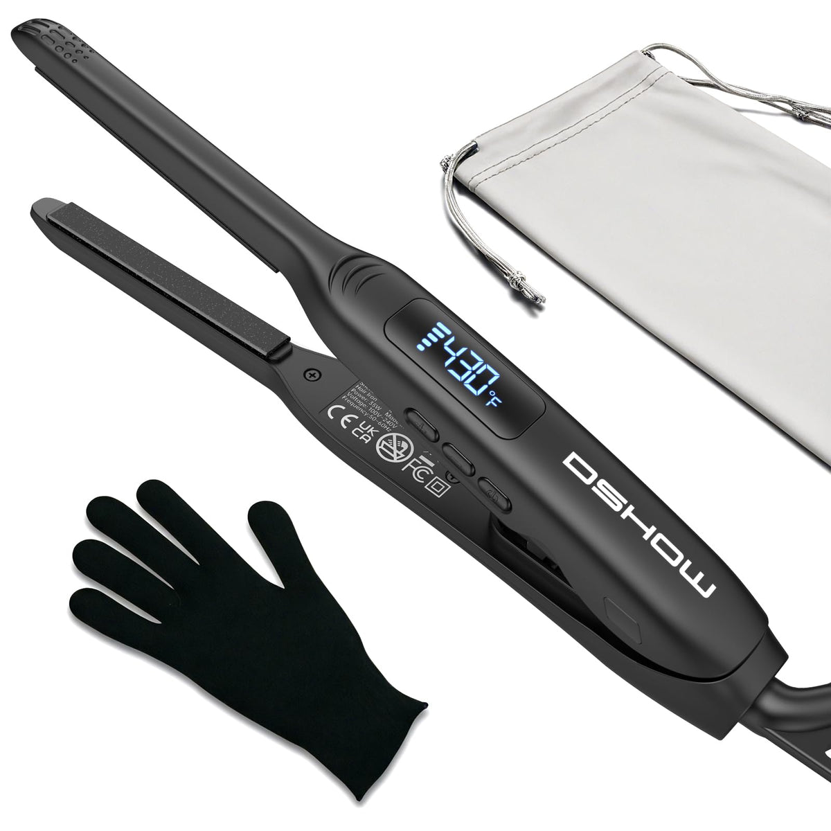 DSHOW small flat iron close-up on thin plates for precise edge styling.