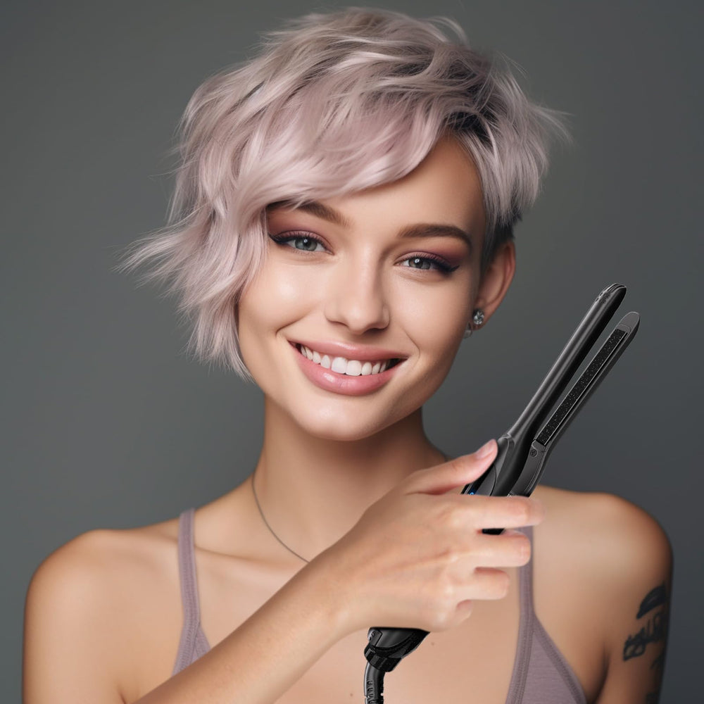 DSHOW dual voltage travel-ready flat iron with compact power adapter.