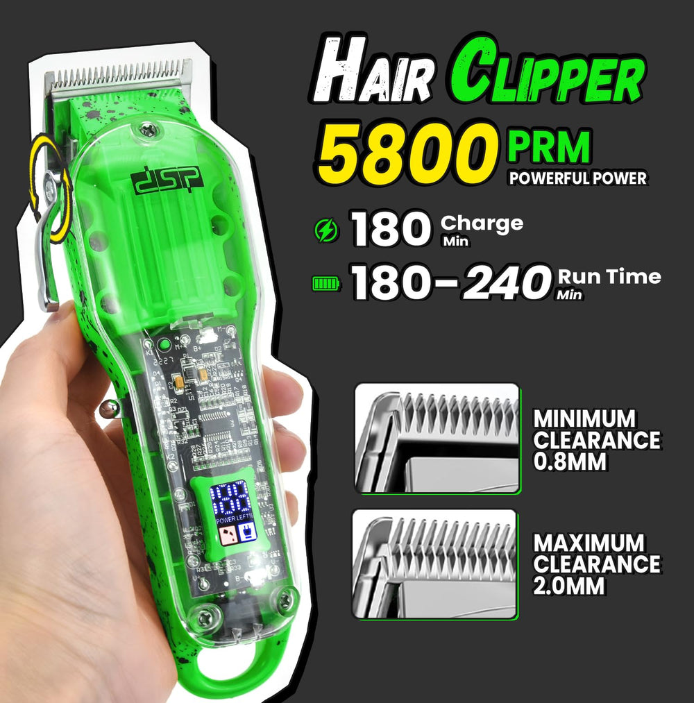 DSP detail trimmer green closeup emphasizes precise trimming for fades and detailing