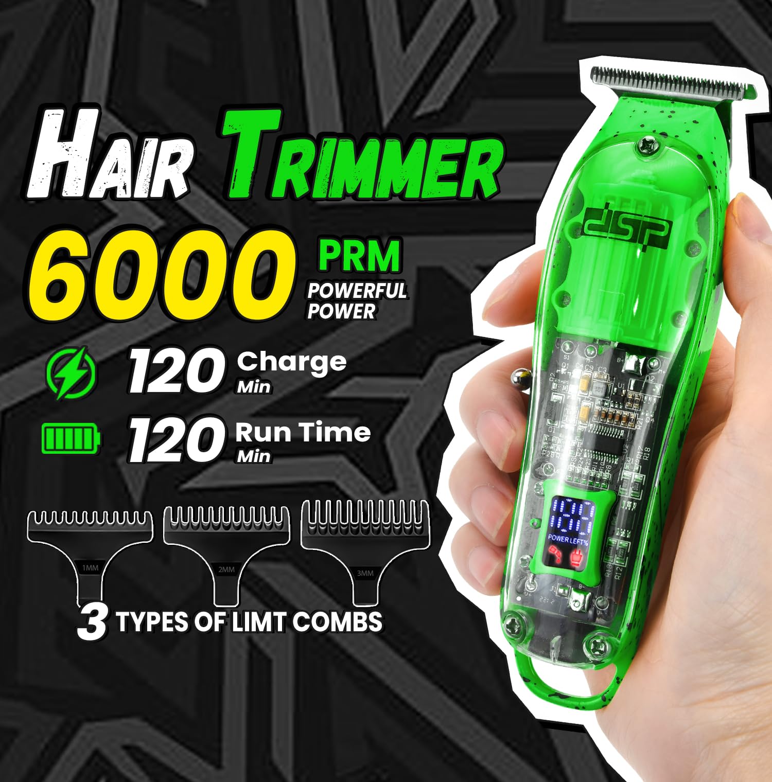 DSP hair clipper green LED display demonstrates battery level and maintenance alerts at a glance