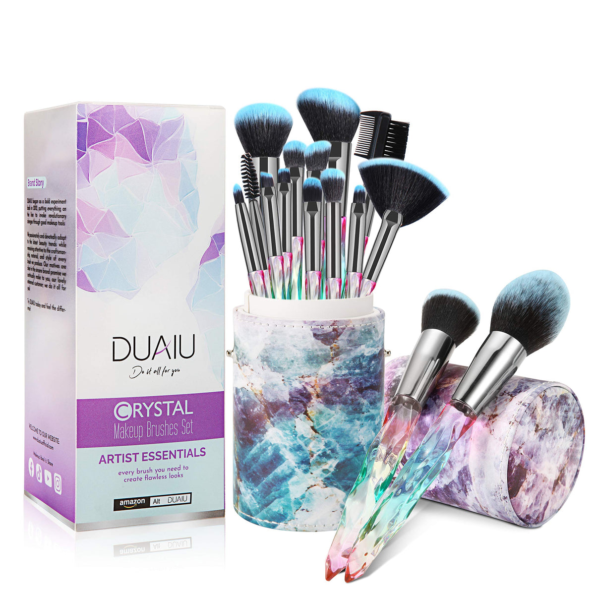 DUAIU 15pc makeup brushes crystal-gradient-handle for precise, luxurious application.