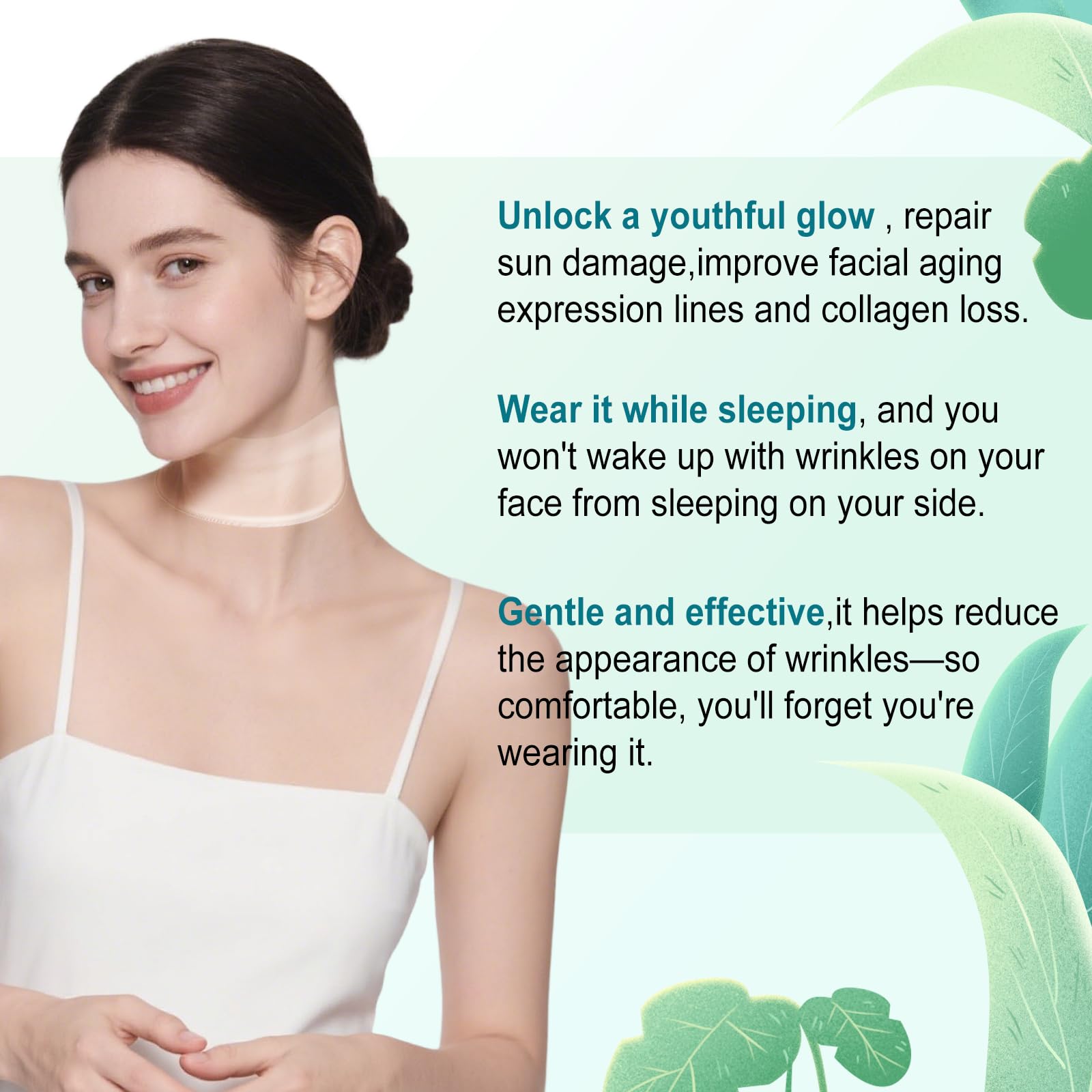 DUBPIRT neck patch application close-up demonstrates easy nightly skin smoothing.