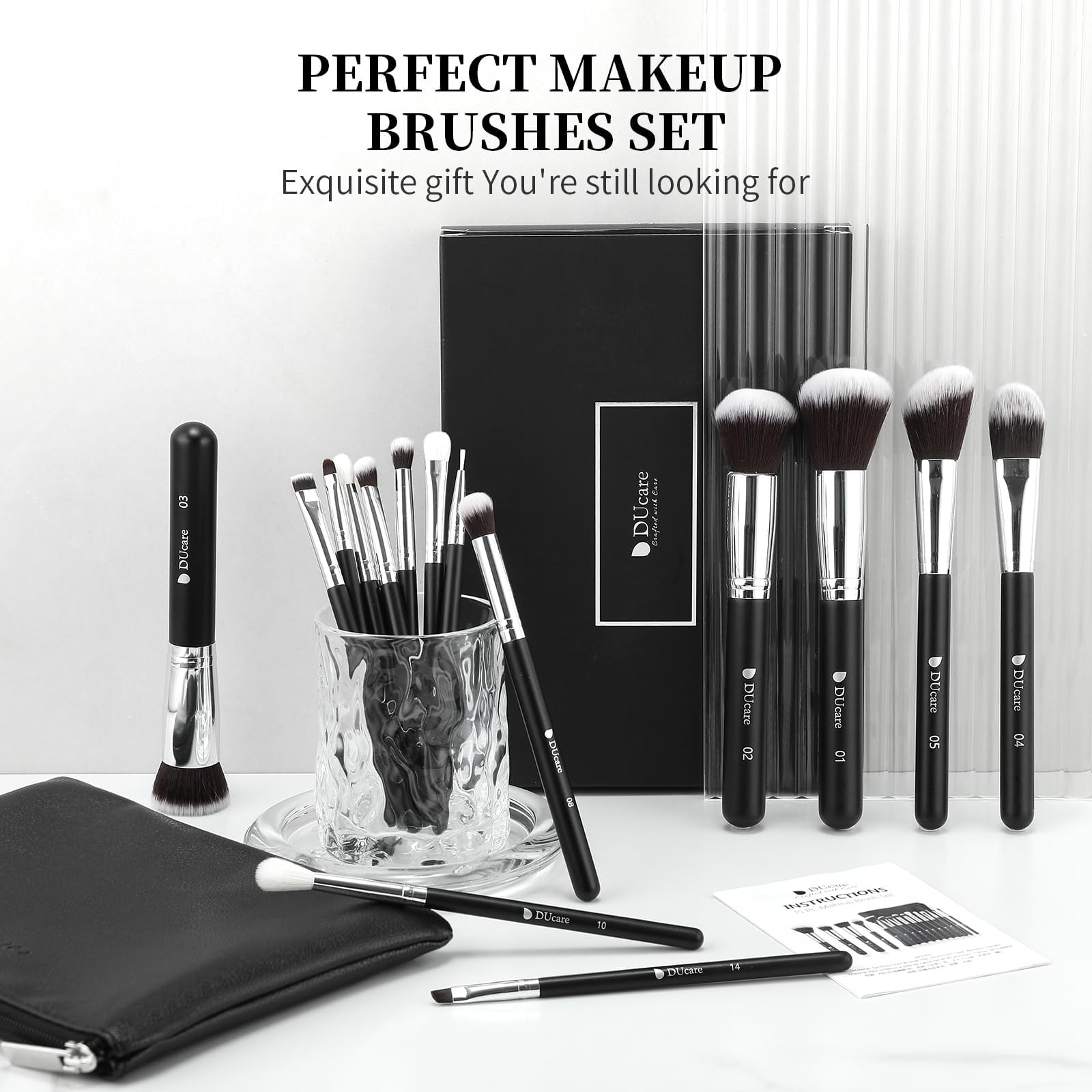 DUcare 15pc makeup brush set open packaging shows full range of essentials.