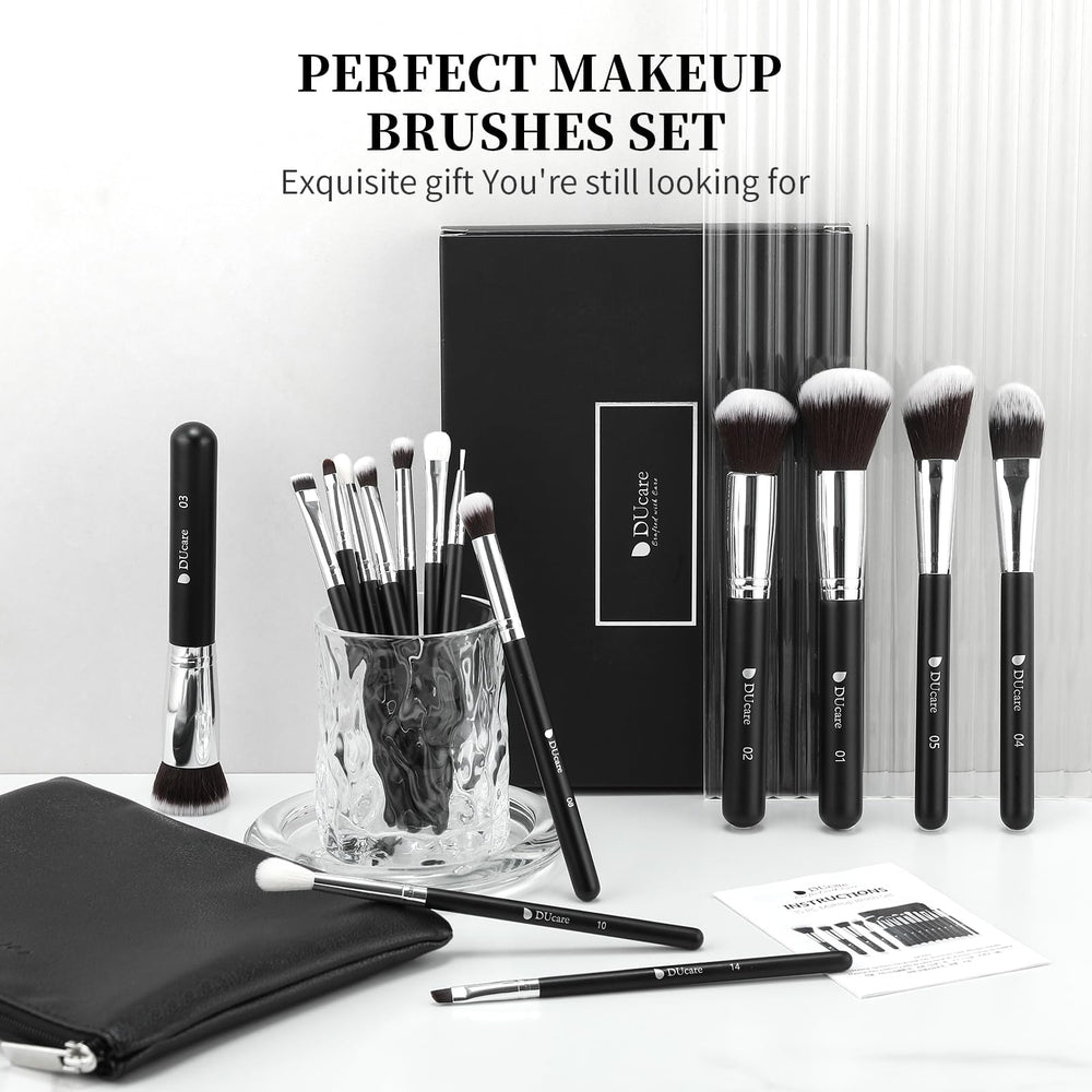 DUcare 15pc makeup brush set open packaging shows full range of essentials.