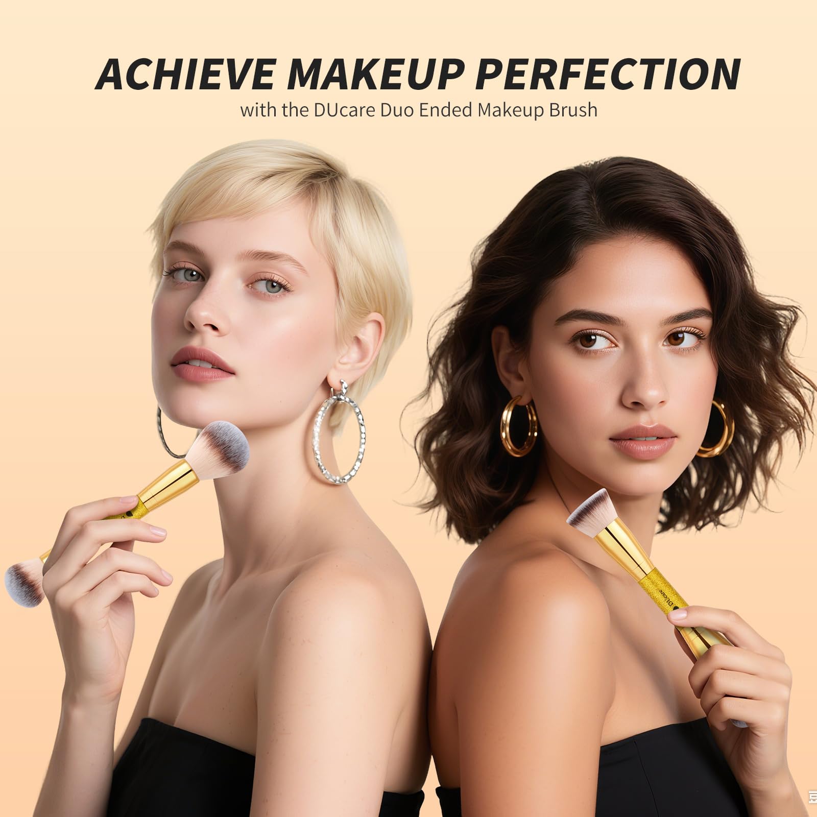 DUcare bronzer brush with large end dusts on warmth with light touch.
