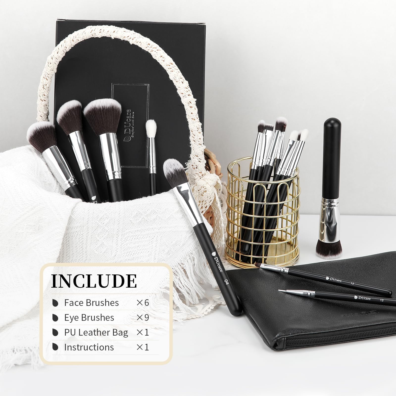 DUcare brush collection stored neatly in premium bag for travel routines.