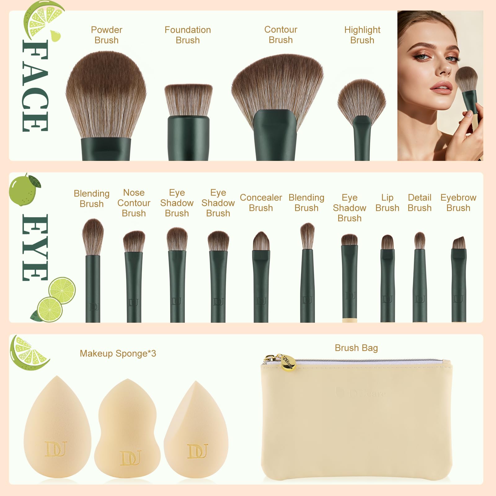 DUcare Christmas makeup gift set sponges demonstrate soft, versatile applicators for smooth blending.