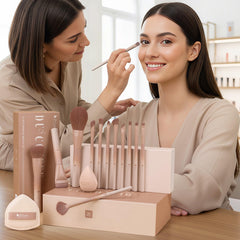 Ducare coffee-series makeup brushes sponges closeup, versatile tools for foundation to powder.
