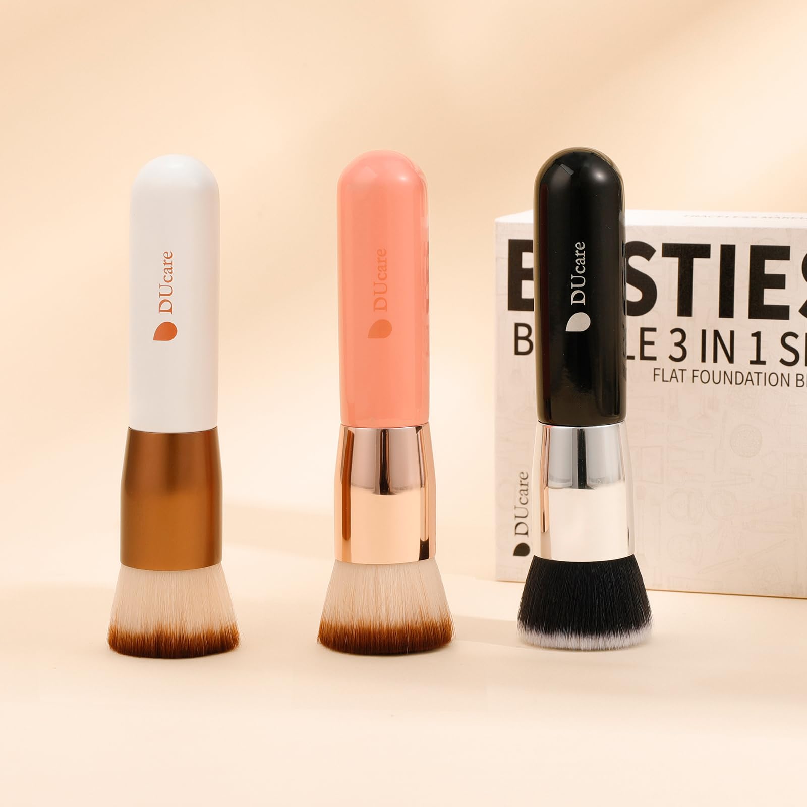 DUcare foundation brush flat surface achieves even coverage on textured skin.