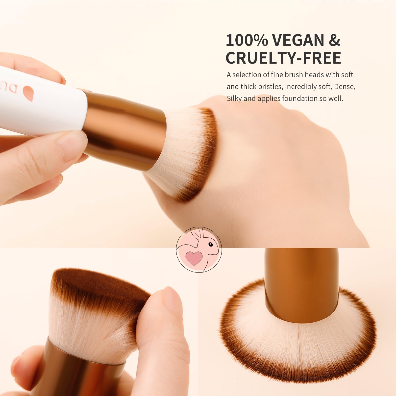 DUcare foundation brush powder application delivers streak-free finish with quick buffing.