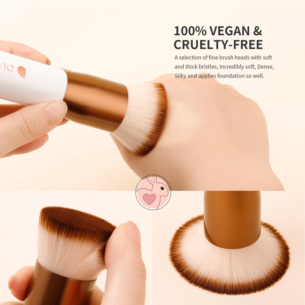 DUcare foundation brush powder application delivers streak-free finish with quick buffing.