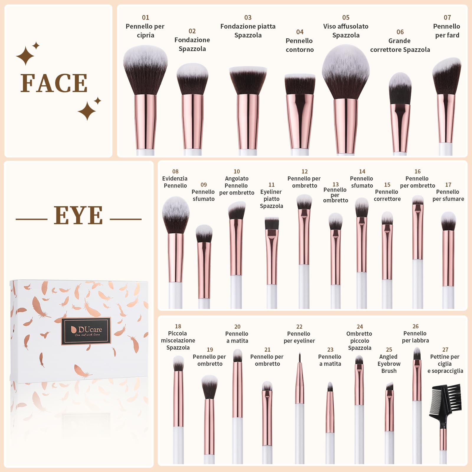 DUcare makeup brush set ergonomic wooden handles provide comfortable grip during application.