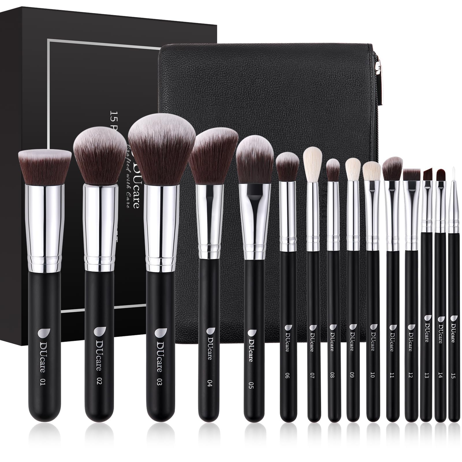 DUcare makeup brushes with bag interior view for organized travel-ready storage.
