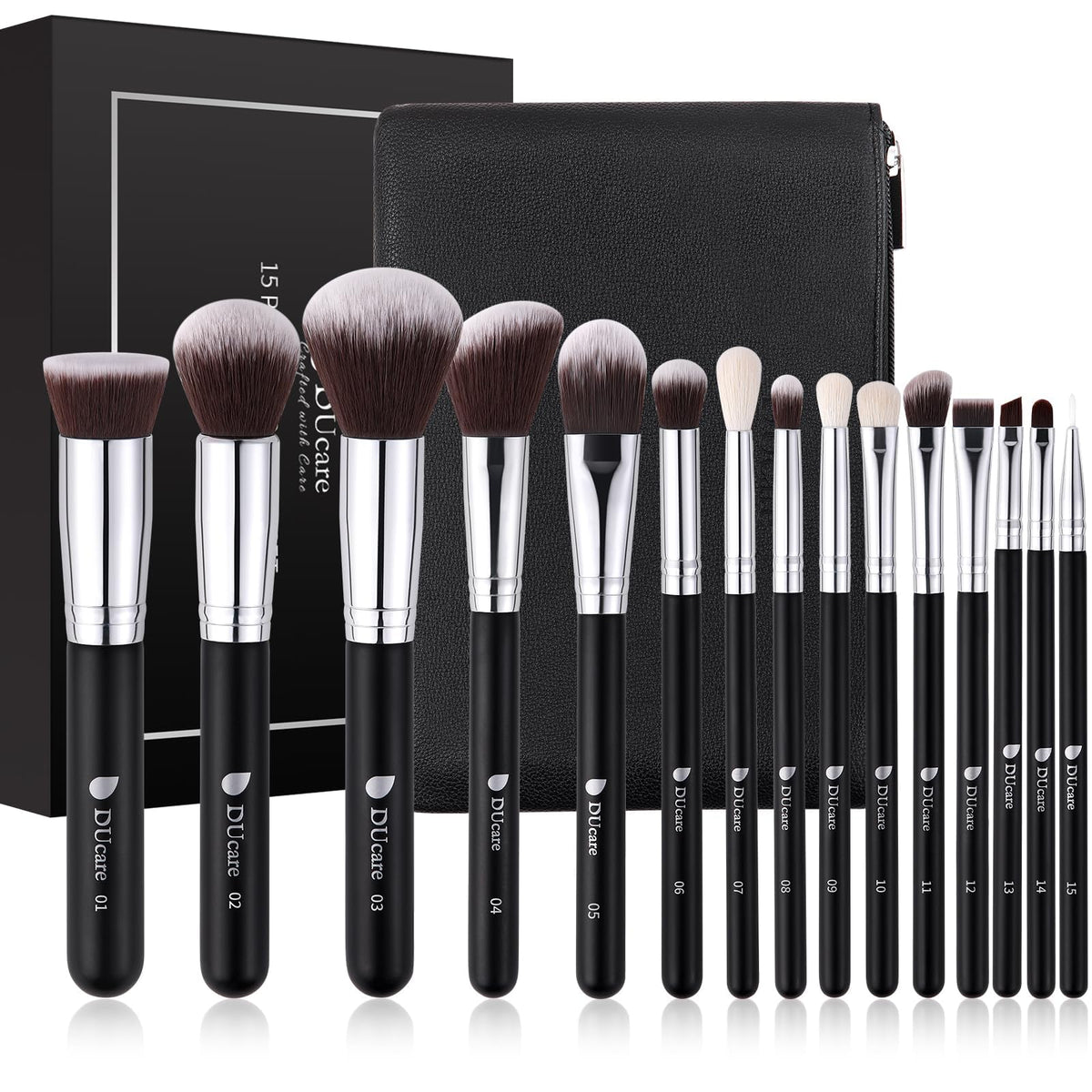 DUcare makeup brushes with bag interior view for organized travel-ready storage.