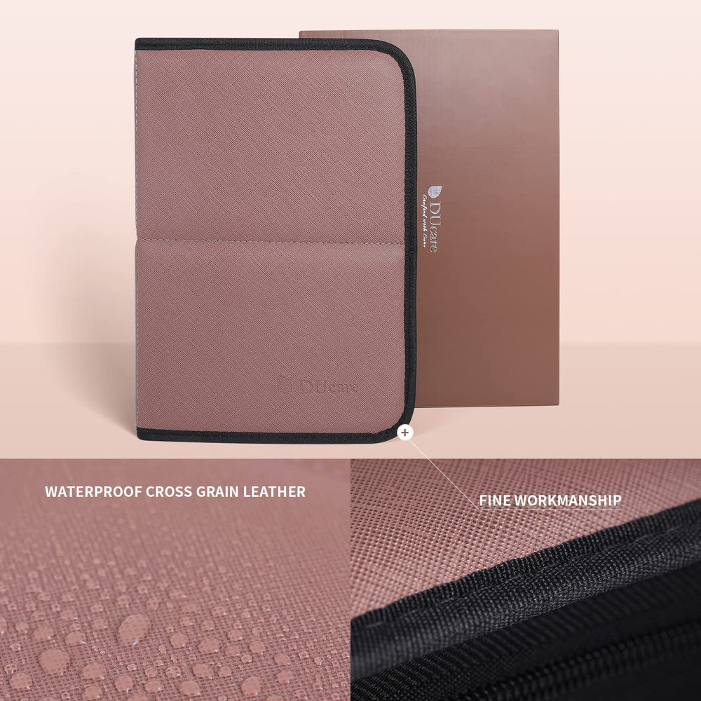 DUcare water-resistant PU leather protects brushes during travel.