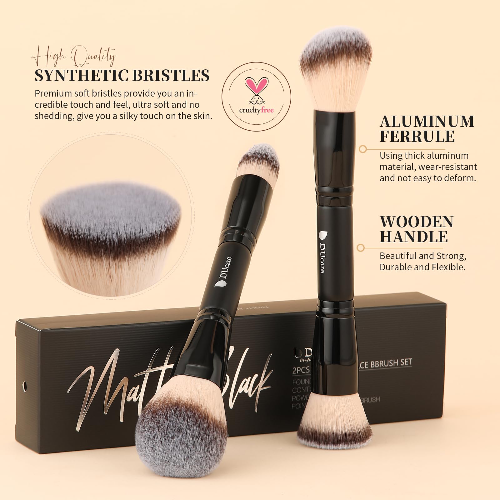 DUcare multi-functional double-ended brush covers powder, blush, and bronzer in one pass.