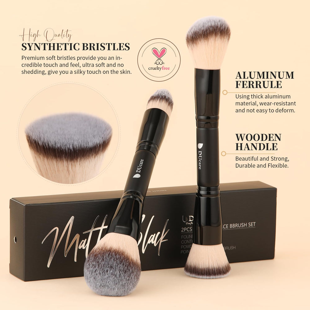DUcare multi-functional double-ended brush covers powder, blush, and bronzer in one pass.