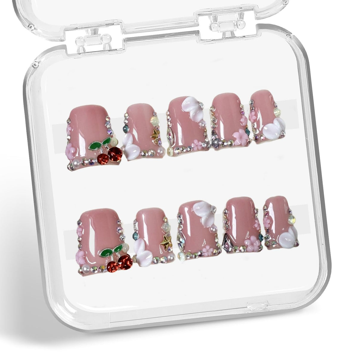 Duck Press on Nails with 3D cherry design for elegant at-home manicure.