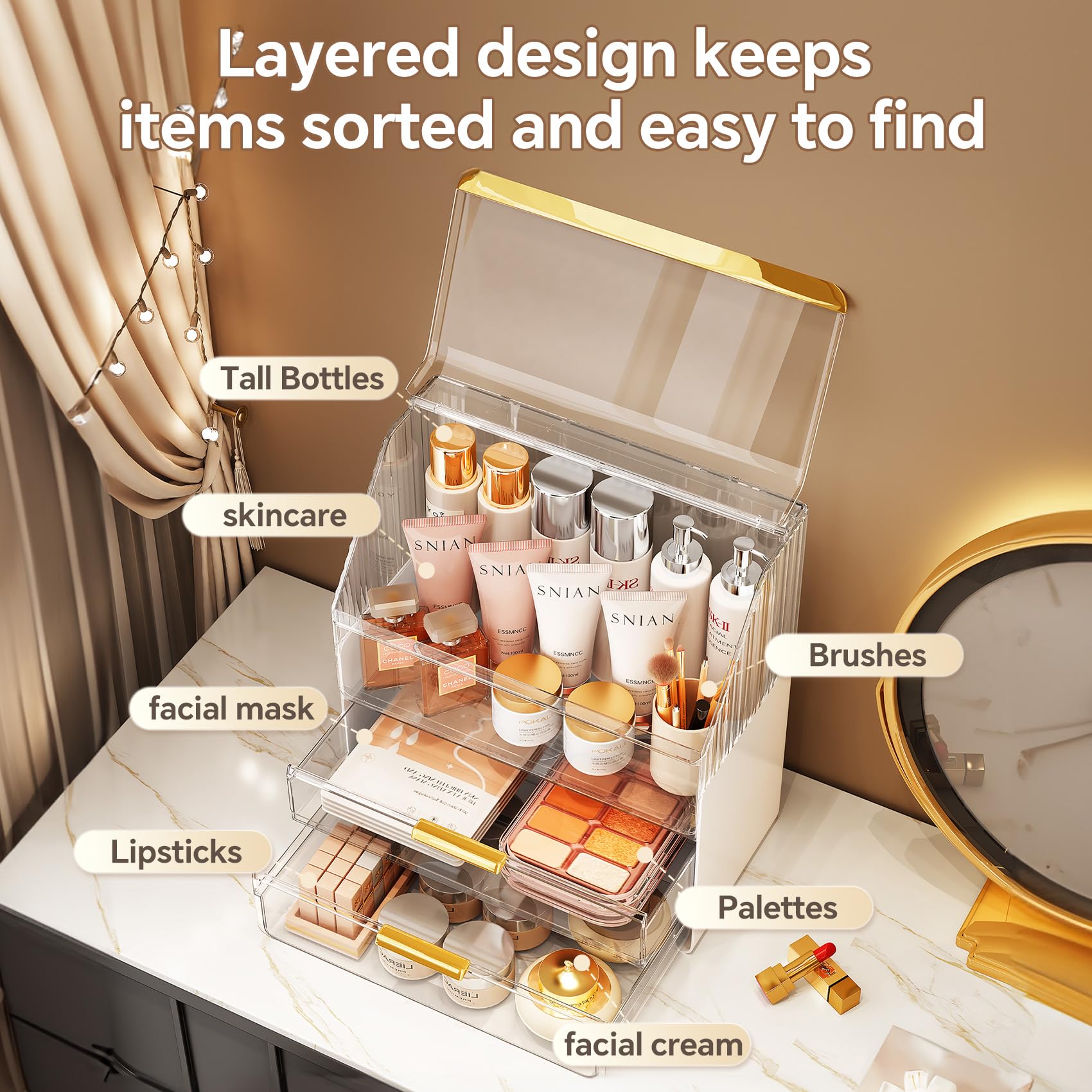 Ducoak makeup organizer dust shield cover protects brushes and bottles from dust.