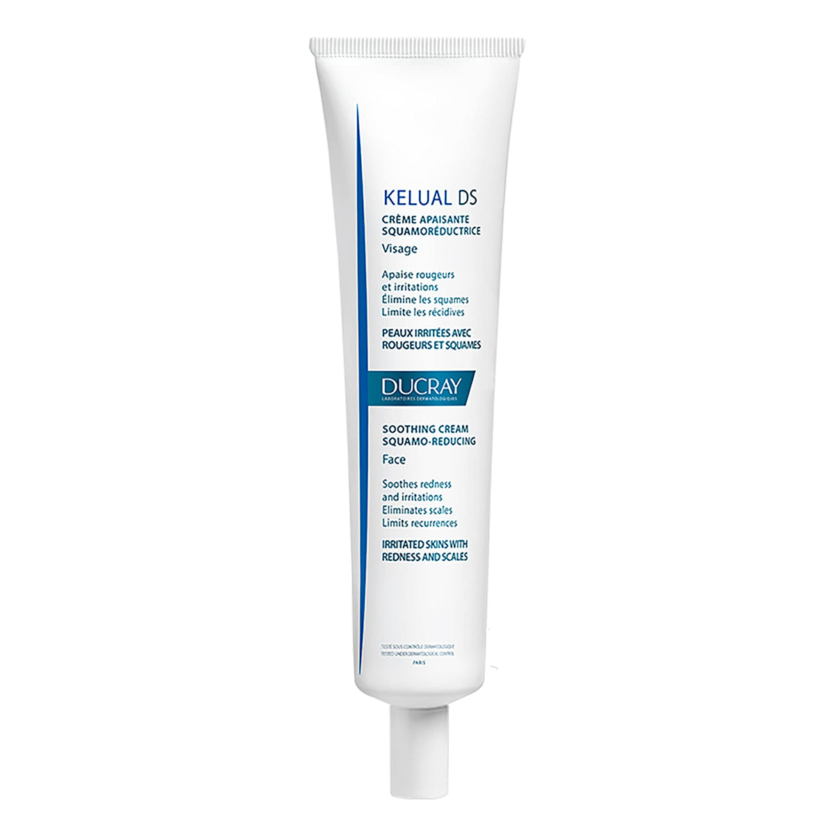 Ducray Kelual DS soothing cream tube close-up, highlighting lightweight texture for irritated skin relief.