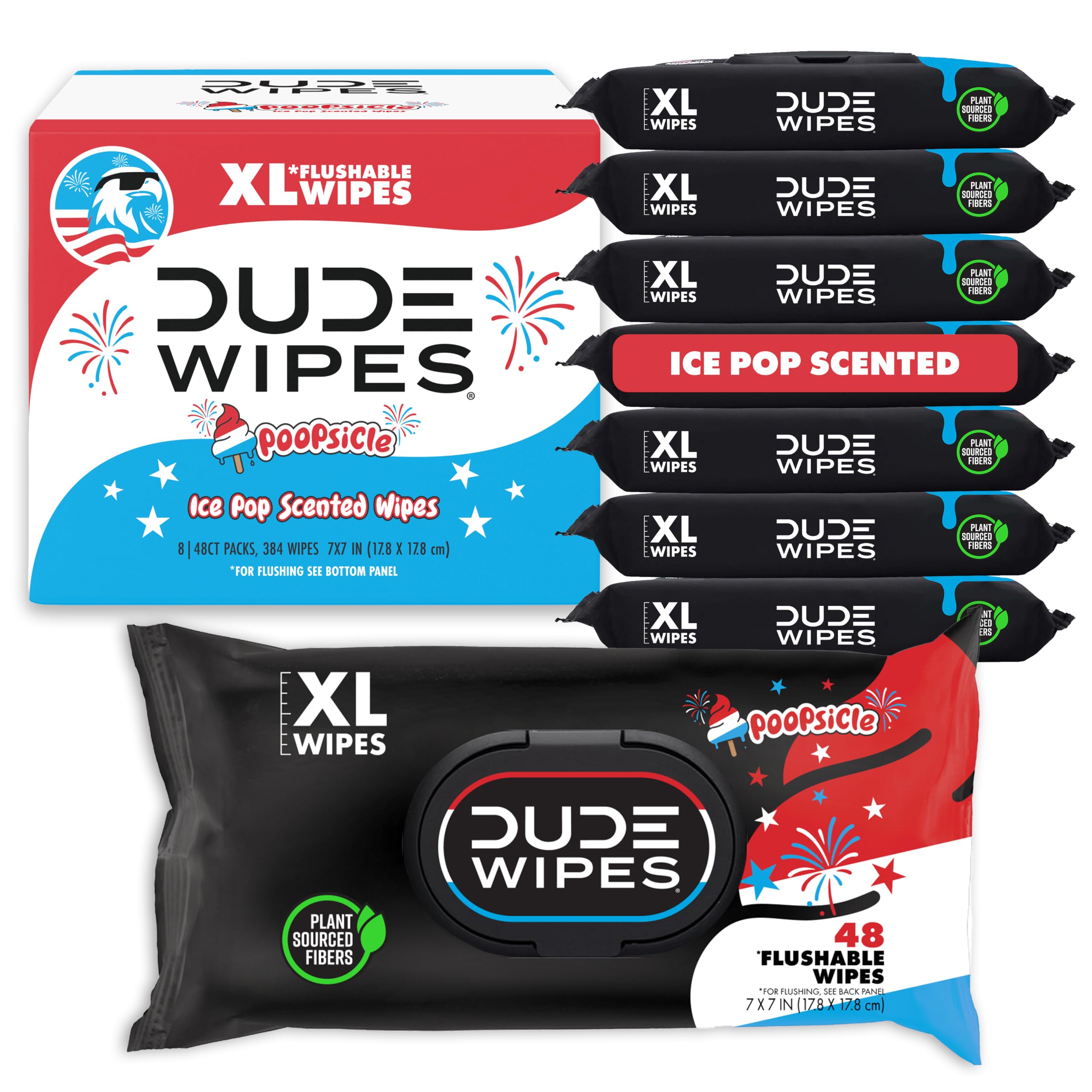 DUDE Wipes Poopsicle front packaging showing bold red white blue design and convenience