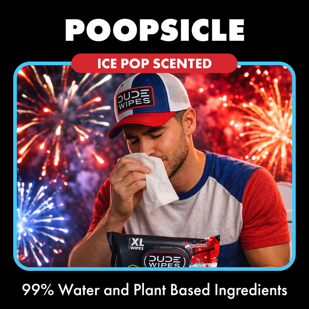 DUDE Wipes Poopsicle open pack with a wipe pulled out demonstrating easy dispensing
