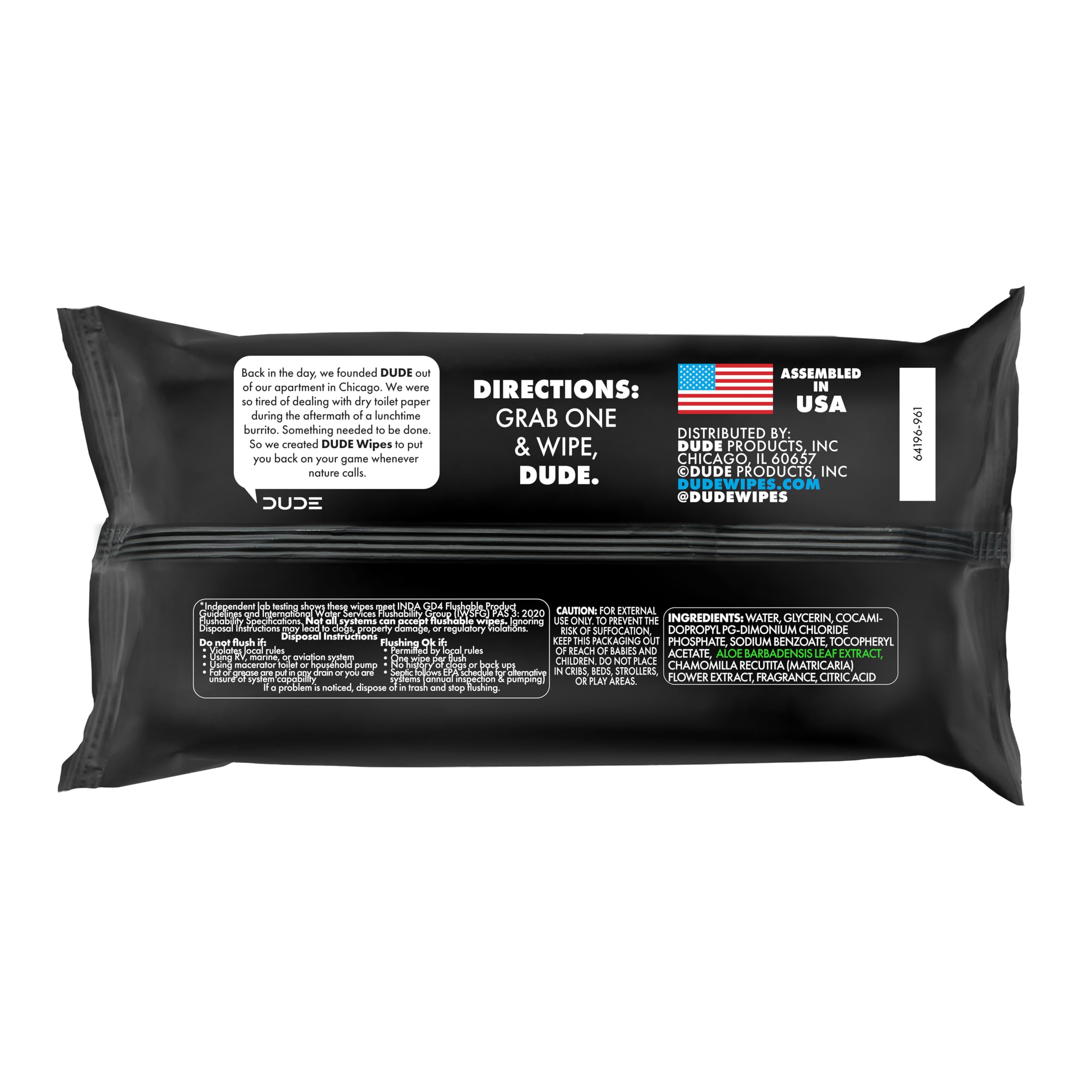 DUDE Wipes Poopsicle ingredient label close-up showing 99% water and soothing botanicals