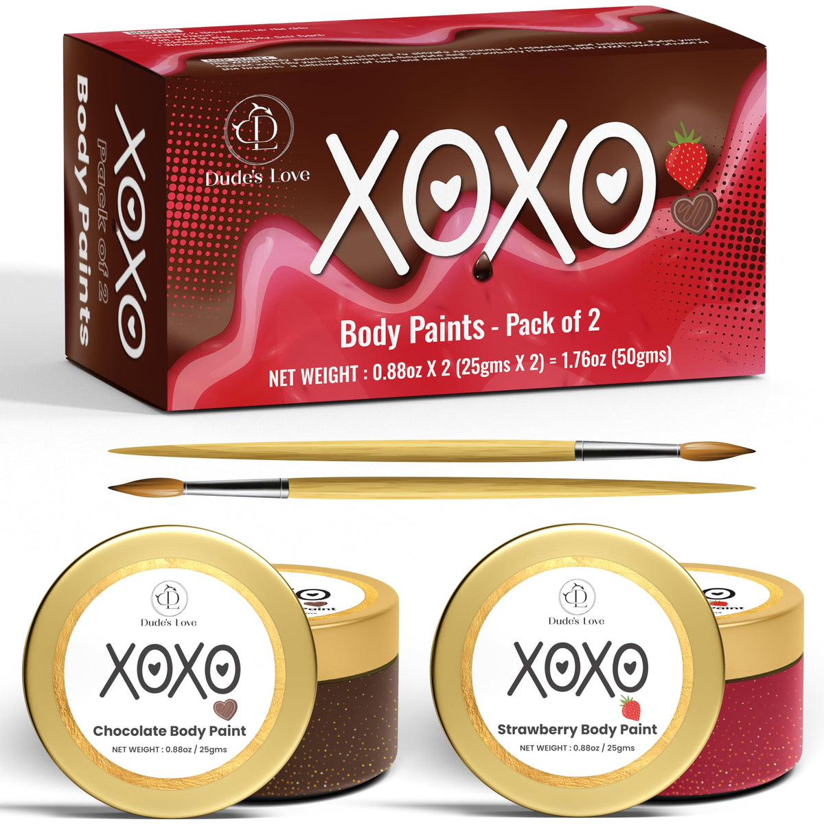 Dude's Love edible body paint strawberry swirl on skin for playful romance.