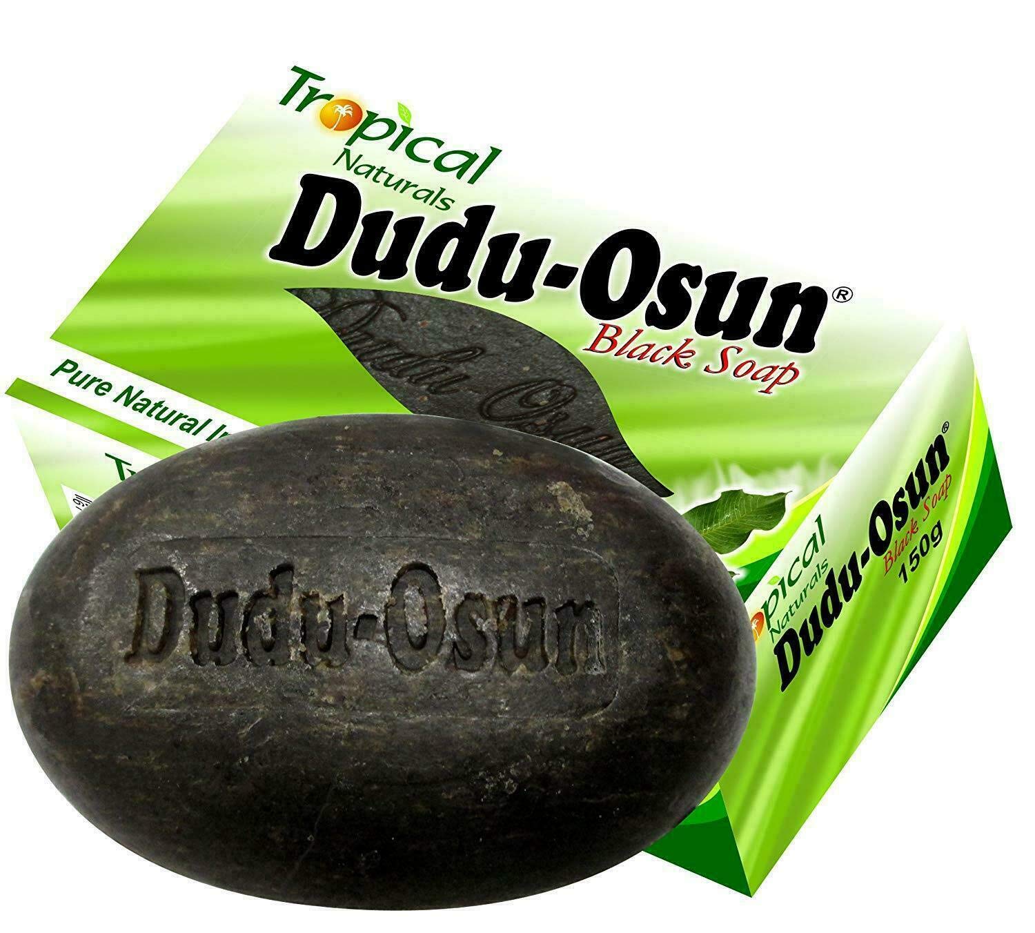 Dudu-Osun Black Soap 5-pack bars closeup highlights smooth texture for rich lather and gentle exfoliation.