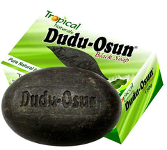 Dudu-Osun Black Soap 5-pack bars closeup highlights smooth texture for rich lather and gentle exfoliation.