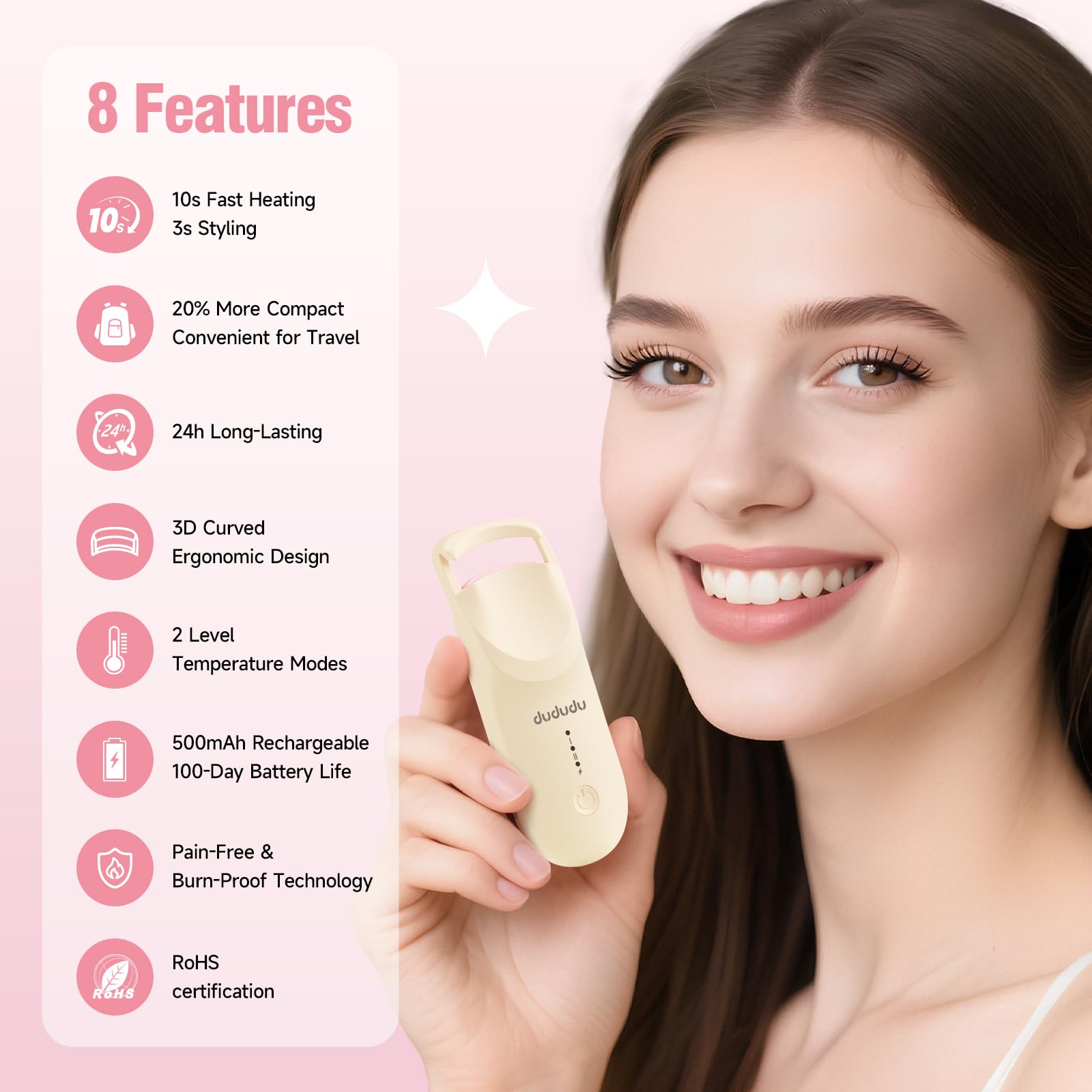 DUDUDU heated eyelash curler with heat-indicator glow confirms readiness for stylish curls.